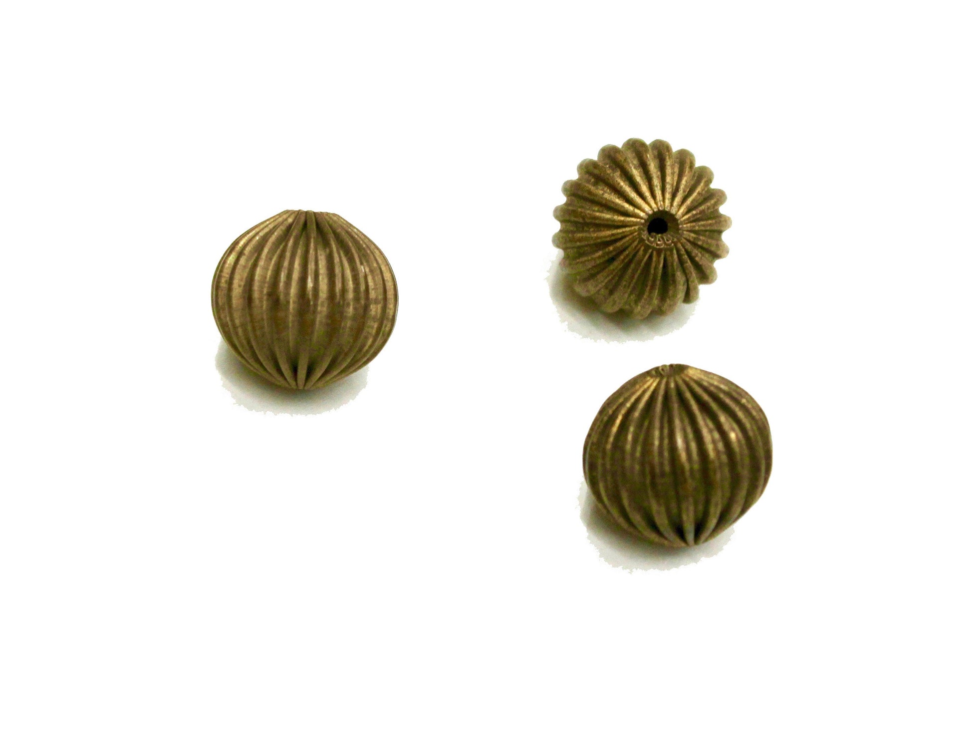 3 Pcs Corrugated Raw Brass beads, 13x14mm Flattened Round, 2mm Hole, Vintage, Rare