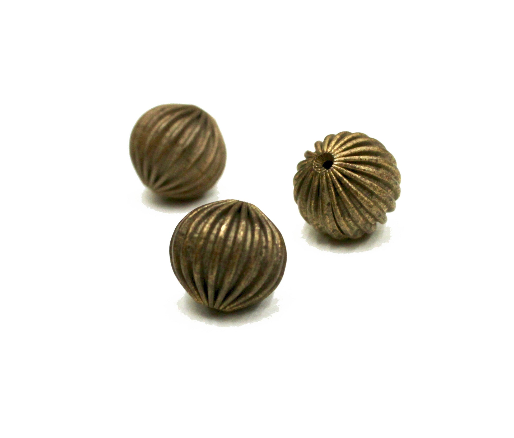 3 Pcs Corrugated Raw Brass beads, 13x14mm Flattened Round, 2mm Hole, Vintage, Rare