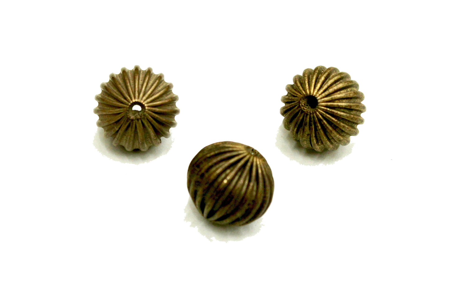 3 Pcs Corrugated Raw Brass beads, 13x14mm Flattened Round, 2mm Hole, Vintage, Rare