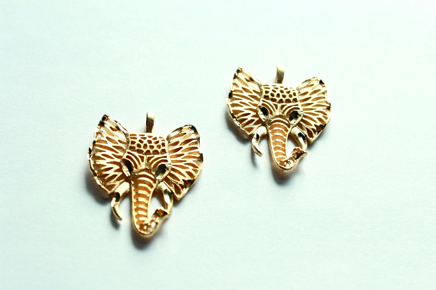 2 Pcs Elephant Pendants, Gold Plated Brass, 43x34mm w/ Loop, Filigreed