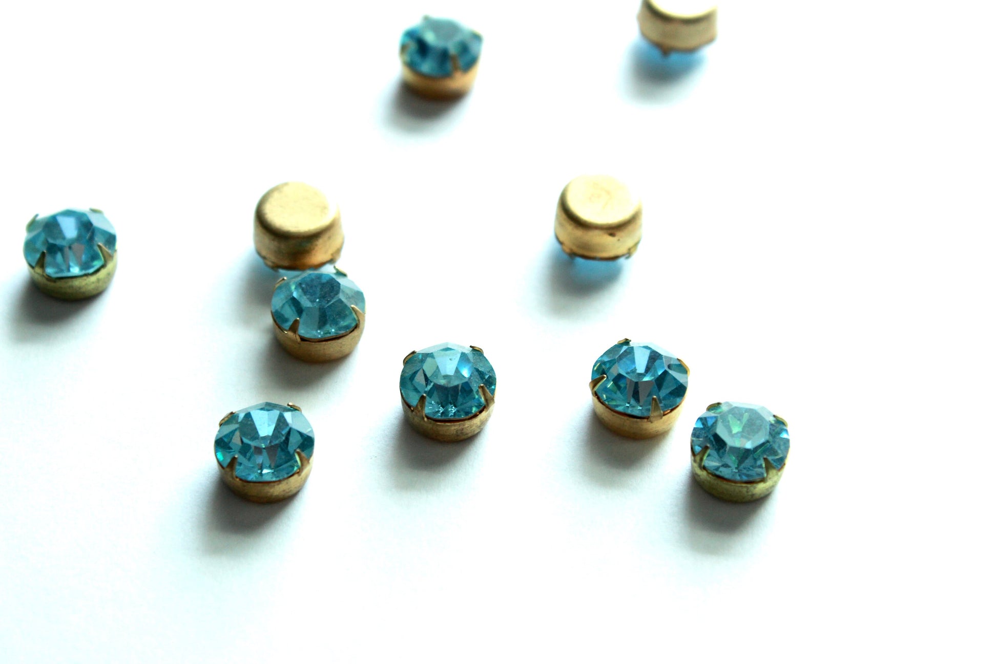 6 Pcs Aqua Swarovski Preset Rhinestones, 47ss (11mm) Round, #790, 4 prong, Flat Closed Back, Raw Brass Setting, Vintage