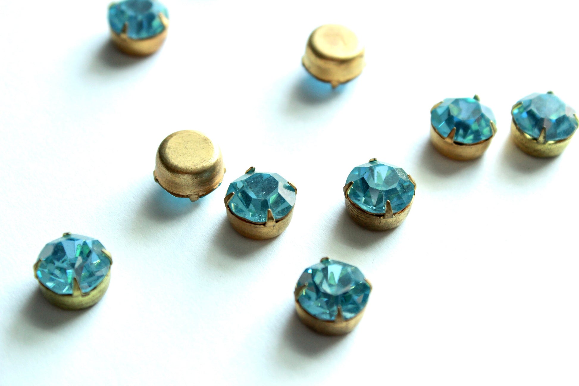 6 Pcs Aqua Swarovski Preset Rhinestones, 47ss (11mm) Round, #790, 4 prong, Flat Closed Back, Raw Brass Setting, Vintage