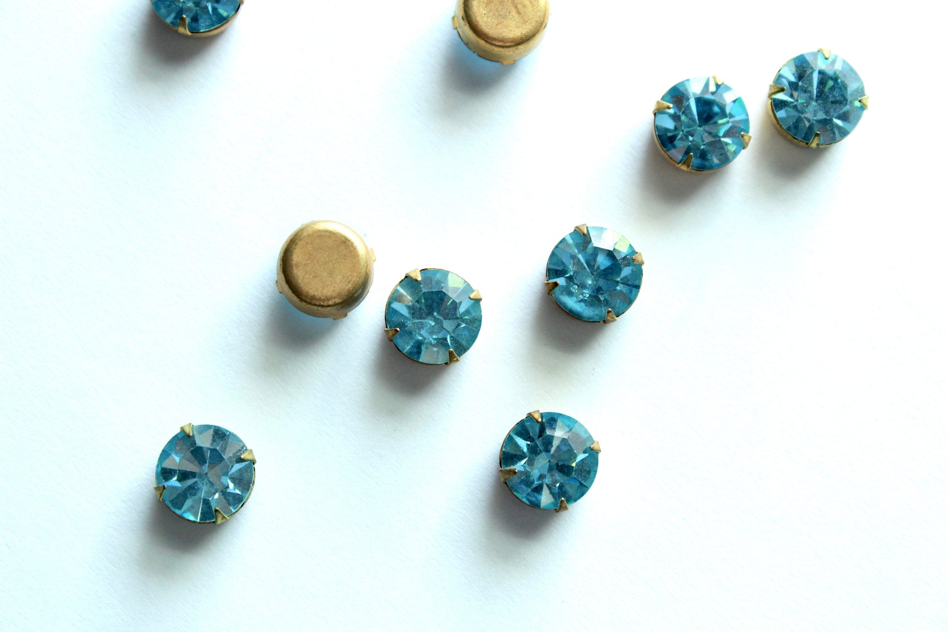 6 Pcs Aqua Swarovski Preset Rhinestones, 47ss (11mm) Round, #790, 4 prong, Flat Closed Back, Raw Brass Setting, Vintage