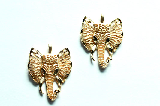 2 Pcs Elephant Pendants, Gold Plated Brass, 43x34mm w/ Loop, Filigreed
