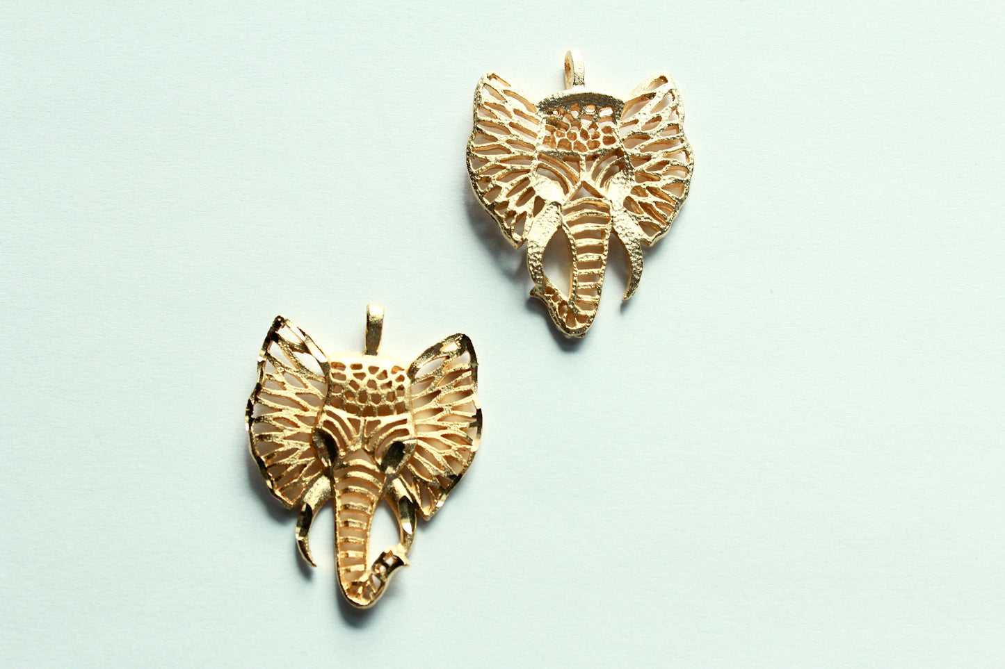 2 Pcs Elephant Pendants, Gold Plated Brass, 43x34mm w/ Loop, Filigreed