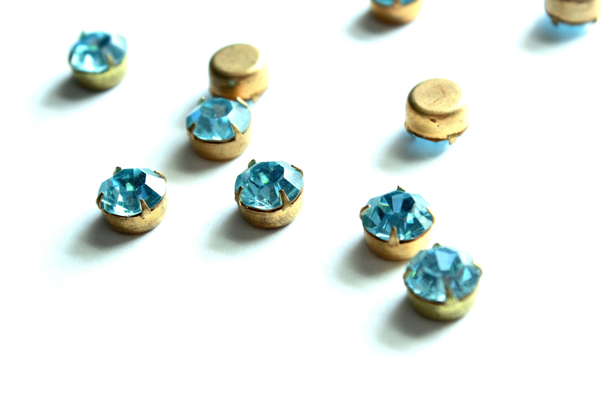 6 Pcs Aqua Swarovski Preset Rhinestones, 47ss (11mm) Round, #790, 4 prong, Flat Closed Back, Raw Brass Setting, Vintage